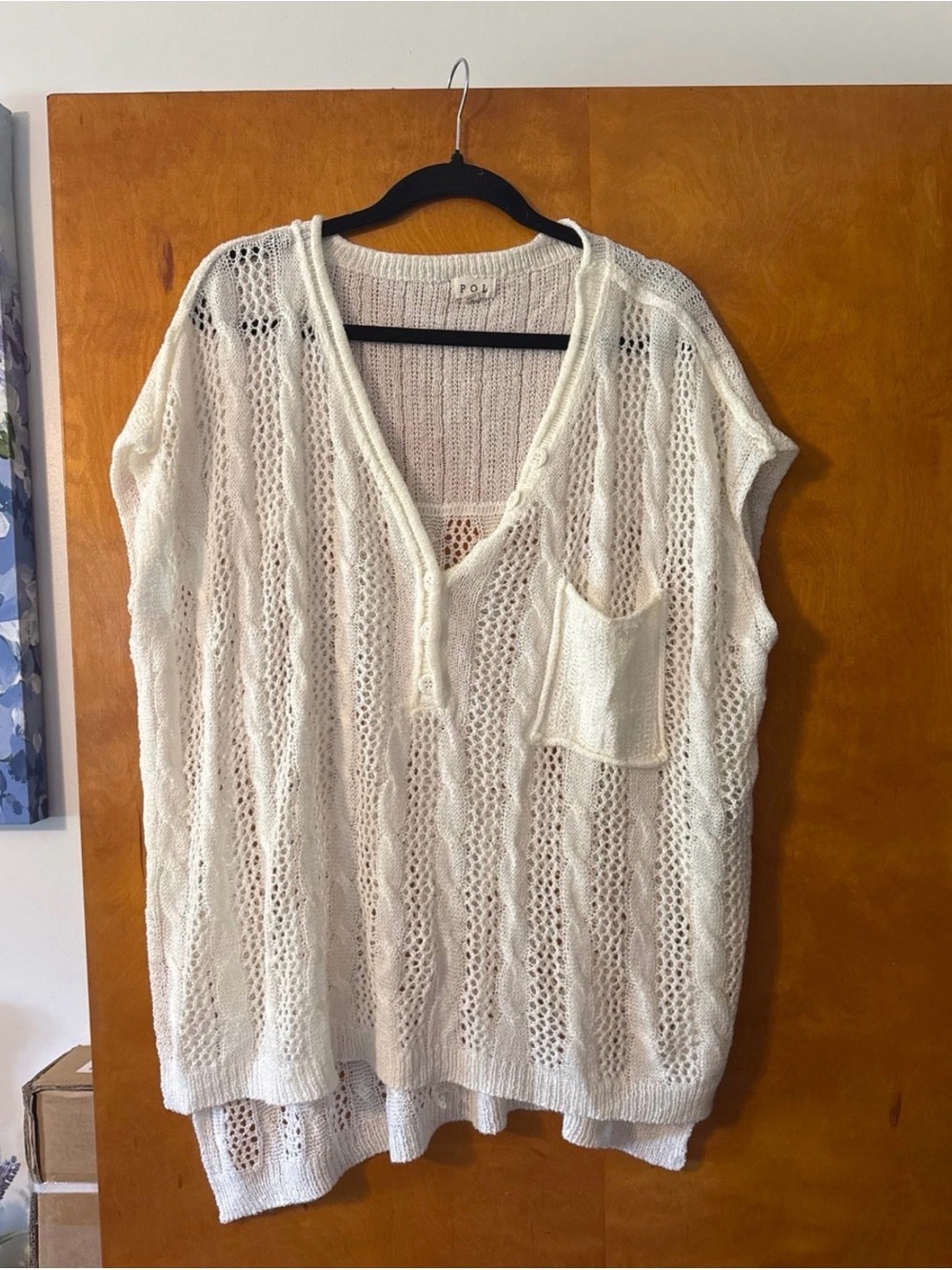 POL cream open-knit V-neck button-front sweater vest